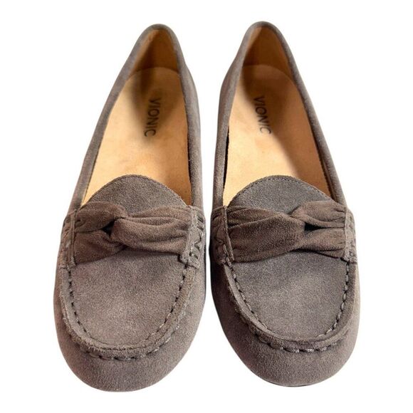 Vionic Womens Suede Moccasin Flats 7.5 Gray Slip-On Comfort Shoes Bow Accent - Picture 3 of 13